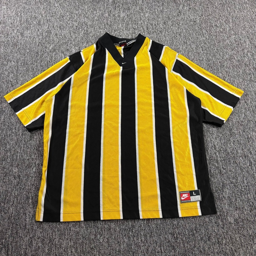 Vintage 90s Nike Center Swoosh Striped V-Neck Jersey Yellow Black Men Large